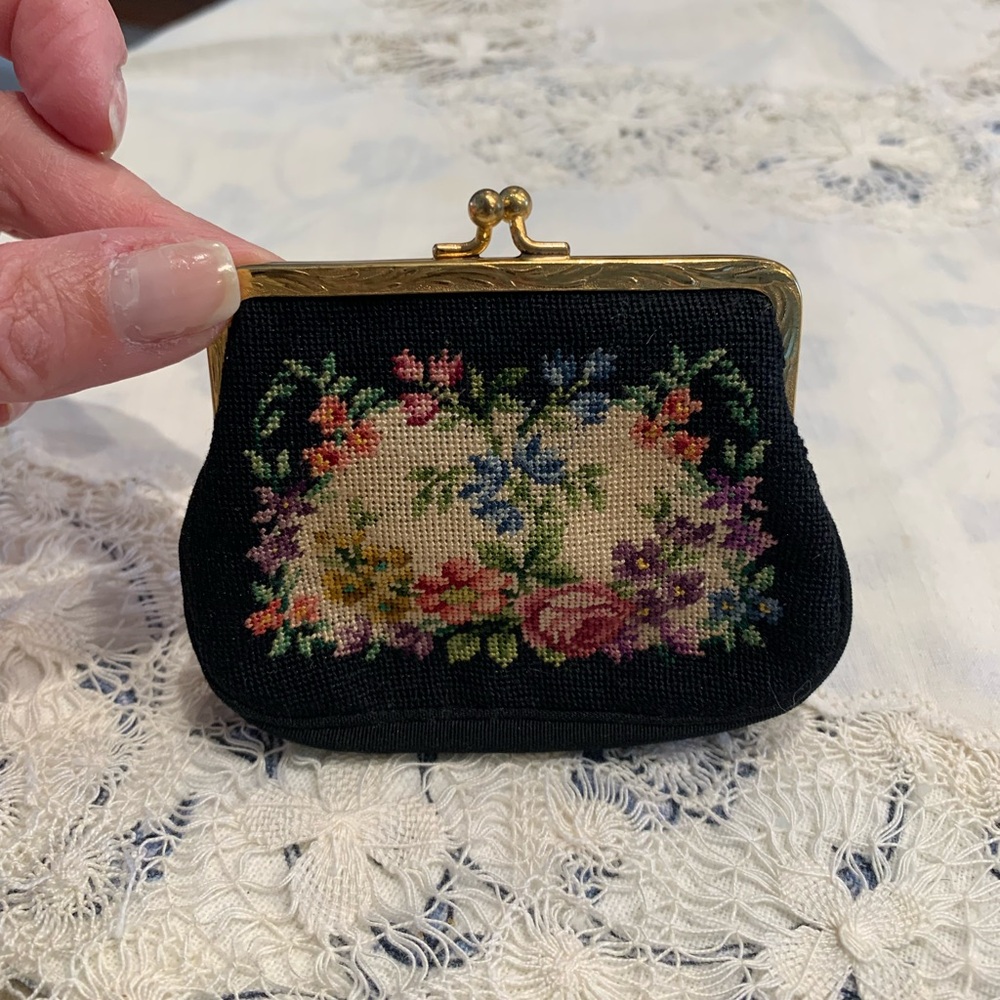 Antique Petite Point Needlepoint Embroidered Black Coin purse